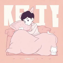 A human hybrid boy with long tails and ears laying on a pink bed