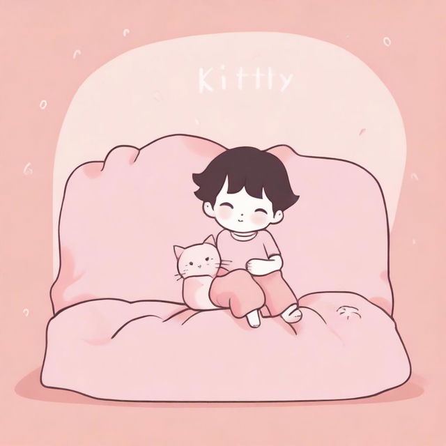 A human hybrid boy with long tails and ears laying on a pink bed