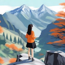 A mountain landscape with a girl who is 1