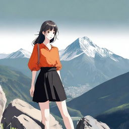 A mountain landscape with a girl who is 1