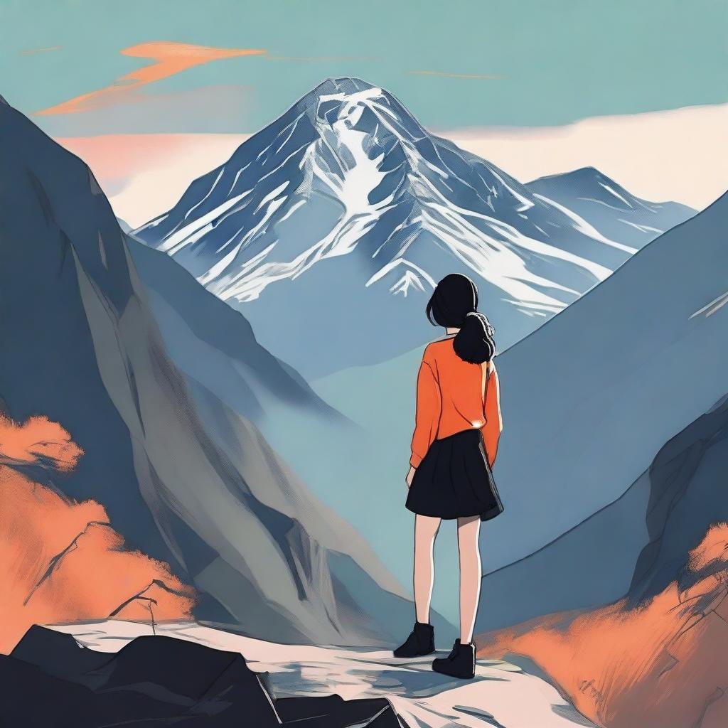 A mountain landscape with a girl who is 1