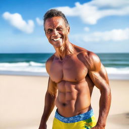 A Brazilian man standing half naked on the beach, showcasing his defined abs