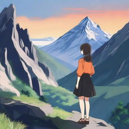 A high-quality anime-style image of a mountain landscape with a girl who is 1