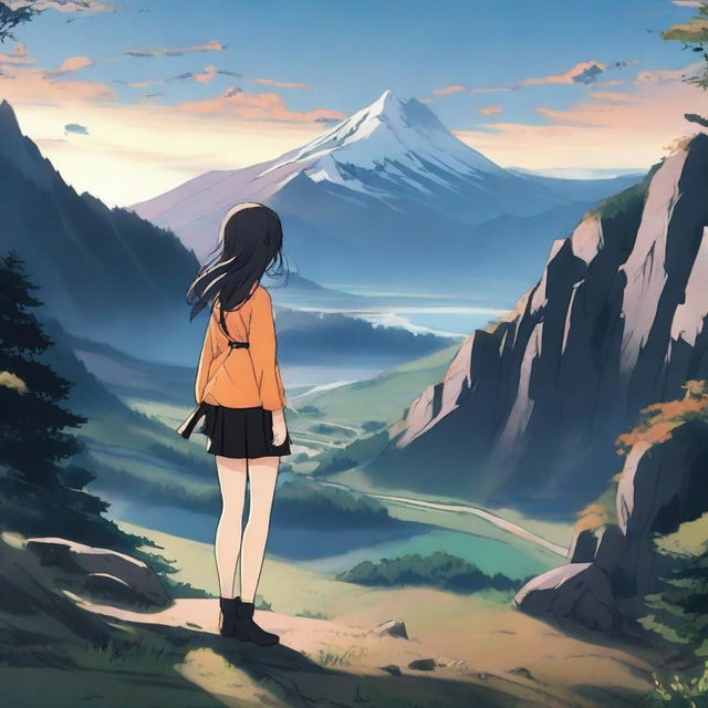 A high-quality anime-style image of a mountain landscape with a girl who is 1