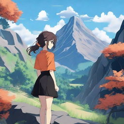 A high-quality anime-style image of a mountain landscape with a girl who is 1