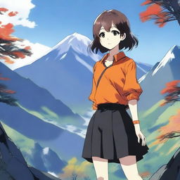 A high-quality anime-style image of a mountain landscape with a girl who is 1