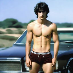 A young man around 26 years old with a hairy body and dark-colored hair, standing in front of a car