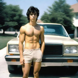 A young man around 26 years old with a hairy body and dark-colored hair, standing in front of a car