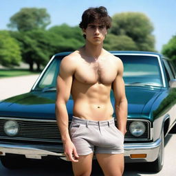 A young man around 26 years old with a hairy body and dark-colored hair, standing in front of a car