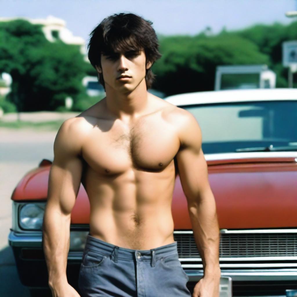 A young man around 26 years old with a hairy body and dark-colored hair, standing in front of a car