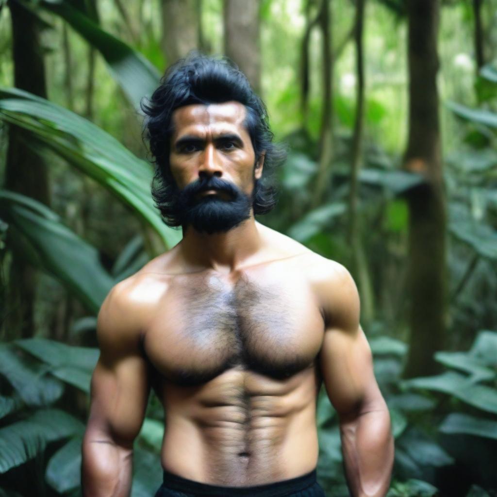 A very hairy man around 35 years old, with a black shirt hairstyle, standing in front of a tree in the jungle