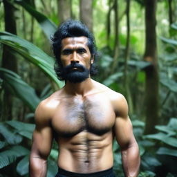 A very hairy man around 35 years old, with a black shirt hairstyle, standing in front of a tree in the jungle