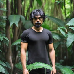 A very hairy man around 35 years old, with a black shirt hairstyle, standing in front of a tree in the jungle