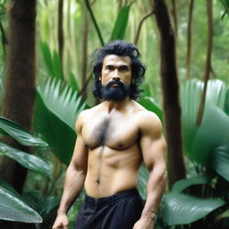 A very hairy man around 35 years old, with a black shirt hairstyle, standing in front of a tree in the jungle