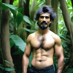 A very hairy man around 35 years old, with a black shirt hairstyle, standing in front of a tree in the jungle