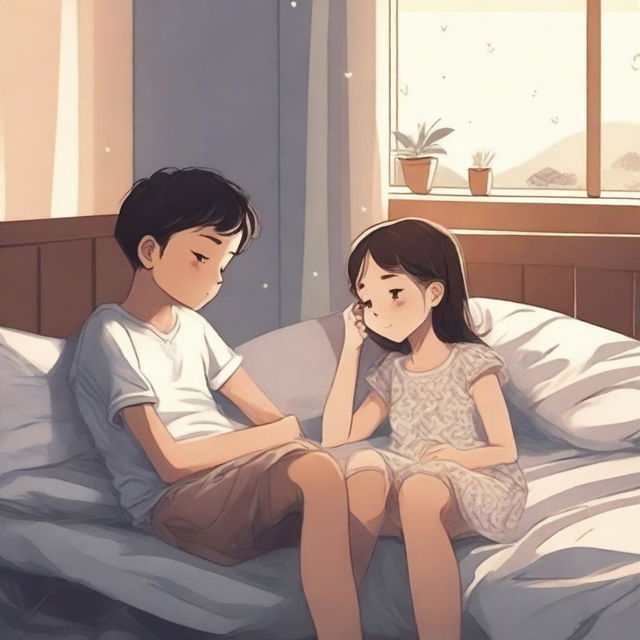 A girl sitting on a bed wearing a short dress while a boy is sleeping on the same bed