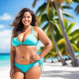 Create an image of a woman with a curvy figure wearing a bikini