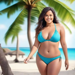 Create an image of a woman with a curvy figure wearing a bikini