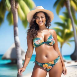 Create an image of a woman with a curvy figure wearing a bikini