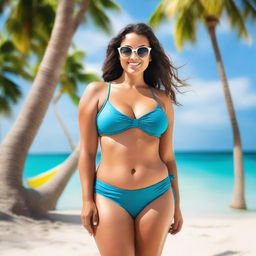 Create an image of a woman with a curvy figure wearing a bikini