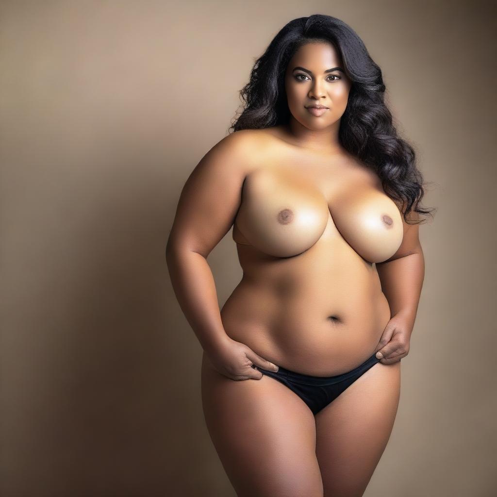 Create an image of a woman with a curvy figure, emphasizing her chest and hips