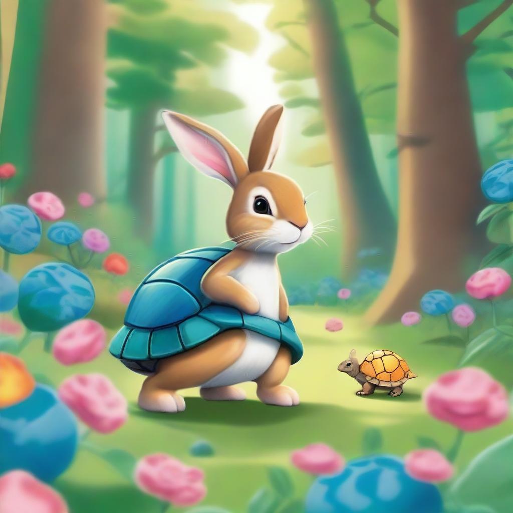 A whimsical scene featuring a rabbit and a turtle with a blue shell embarking on an adventure in a lush forest