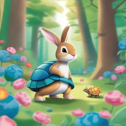 A whimsical scene featuring a rabbit and a turtle with a blue shell embarking on an adventure in a lush forest