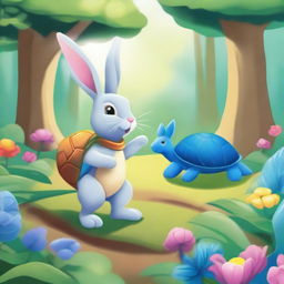 A whimsical scene featuring a rabbit and a turtle with a blue shell embarking on an adventure in a lush forest