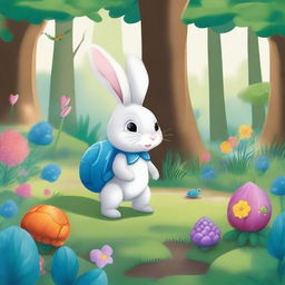 A whimsical scene featuring a rabbit and a turtle with a blue shell embarking on an adventure in a lush forest