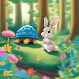 A whimsical scene featuring a rabbit and a turtle with a blue shell embarking on an adventure in a lush forest