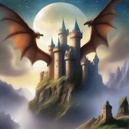 Una portada de libro de fantasía que presenta un paisaje mágico con castillos en el fondo, criaturas míticas como dragones y elfos, y un héroe empuñando una espada brillante en el centro