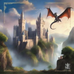 Una portada de libro de fantasía que presenta un paisaje mágico con castillos en el fondo, criaturas míticas como dragones y elfos, y un héroe empuñando una espada brillante en el centro