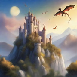 Una portada de libro de fantasía que presenta un paisaje mágico con castillos en el fondo, criaturas míticas como dragones y elfos, y un héroe empuñando una espada brillante en el centro