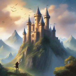 Una portada de libro de fantasía que presenta un paisaje mágico con castillos en el fondo, criaturas míticas como dragones y elfos, y un héroe empuñando una espada brillante en el centro