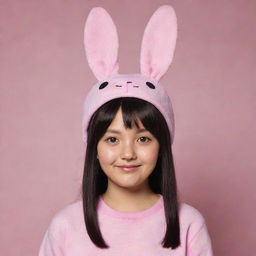 A young Chinese iteration of Louise Belcher from Bob's Burgers, maintaining her iconic pink bunny ears hat and her playful, clever vibe