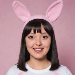 A young Chinese iteration of Louise Belcher from Bob's Burgers, maintaining her iconic pink bunny ears hat and her playful, clever vibe