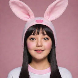 A young Chinese iteration of Louise Belcher from Bob's Burgers, maintaining her iconic pink bunny ears hat and her playful, clever vibe