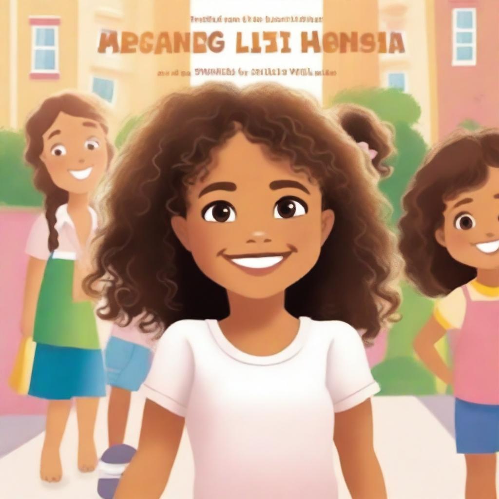 A book cover featuring a 4-year-old girl with brown curly hair, slightly tanned skin, brown eyes, and a beautiful smile