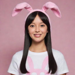 A young Chinese iteration of Louise Belcher from Bob's Burgers, maintaining her iconic pink bunny ears hat and her playful, clever vibe