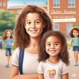 A realistic book cover featuring a 4-year-old girl with brown curly hair, slightly tanned skin, brown eyes, and a beautiful smile