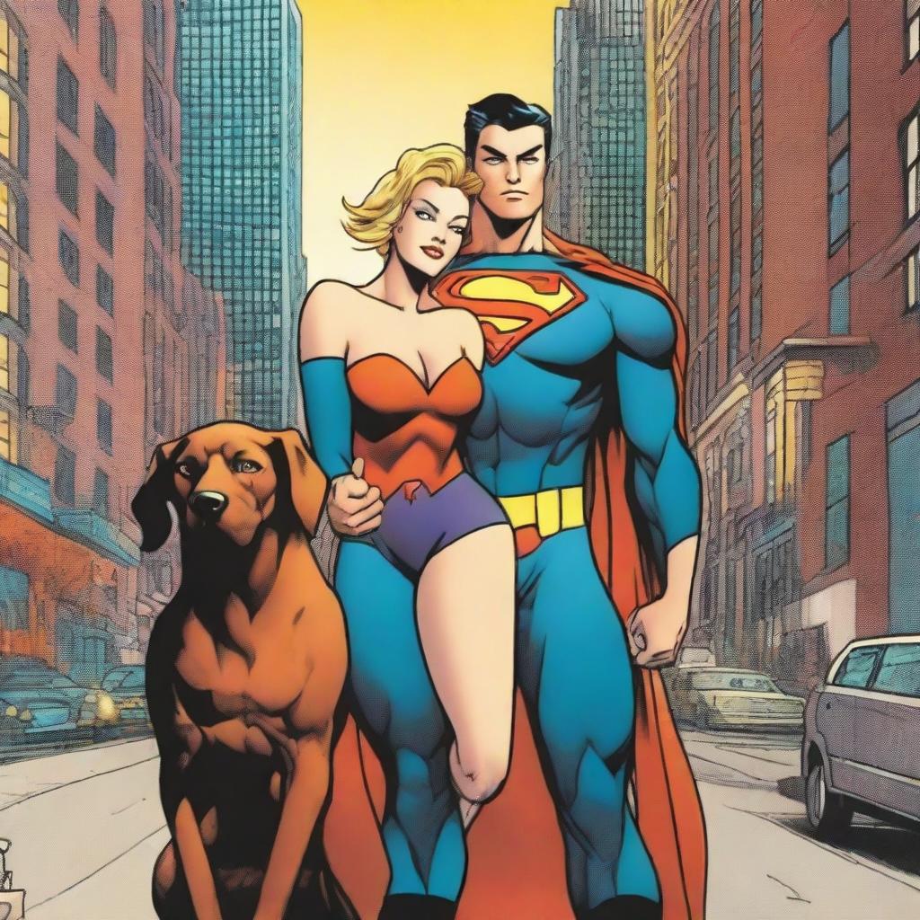 A high quality comic book cover featuring a 25-year-old superhero holding his girlfriend