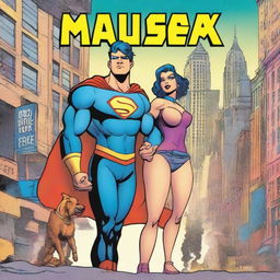 A high quality comic book cover featuring a 25-year-old superhero holding his girlfriend