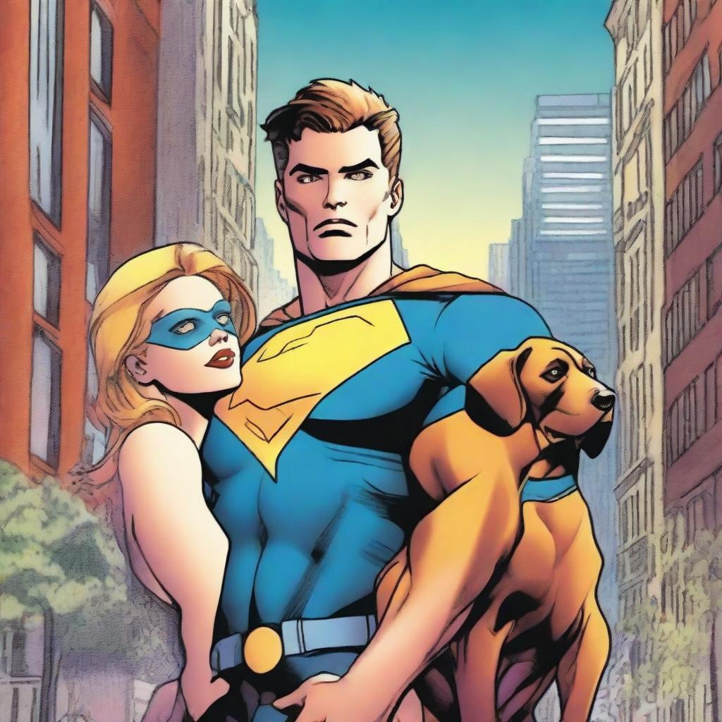 A high quality comic book cover featuring a 25-year-old superhero holding his girlfriend