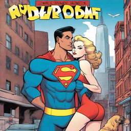 A high quality comic book cover featuring a 25-year-old superhero holding his girlfriend