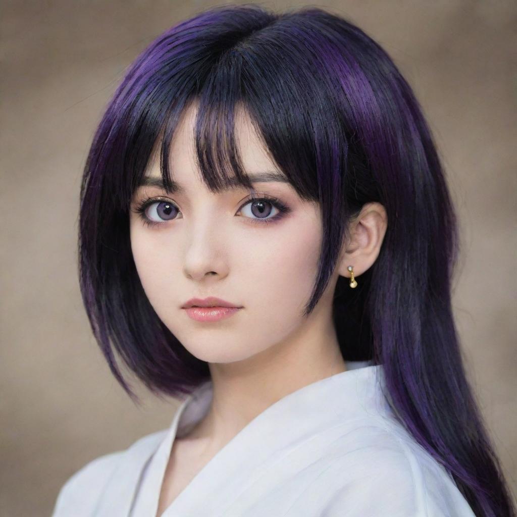 A girl from Akatsuki no Yona with sleek black hair and piercing purple eyes.