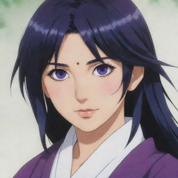 A girl from Akatsuki no Yona with sleek black hair and piercing purple eyes.