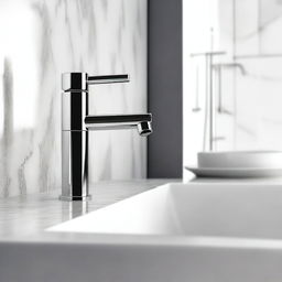 A sleek, modern faucet design in a stylish bathroom setting