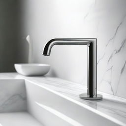 A sleek, modern faucet design in a stylish bathroom setting