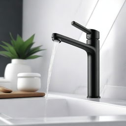 A sleek, modern faucet design in a stylish bathroom setting