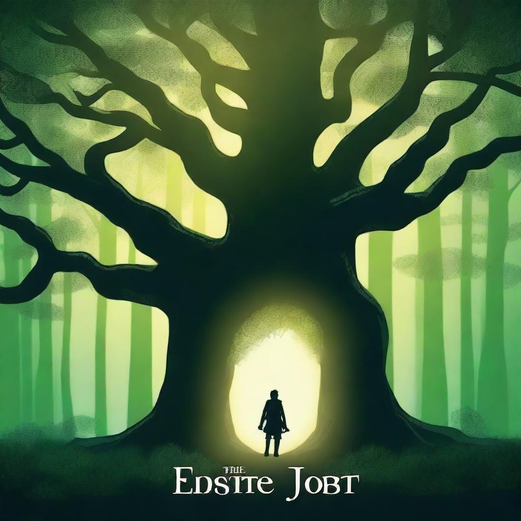 Create a captivating book cover featuring a mystical forest with towering ancient trees, a hidden path leading to a glowing portal, and a silhouette of an adventurer standing in awe